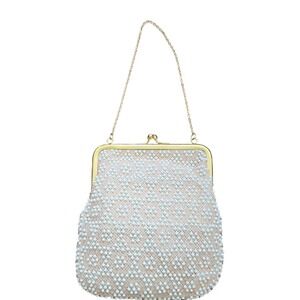 Vintage Corde Bead White Pink Beaded Evening Bag Gold Frame Kiss Lock USA Made